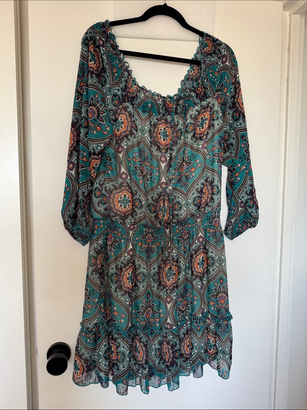 Teal Paisley Boho Women’s Dress - Relaxed Peasant Style